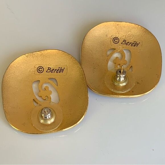 Vintage 80s Edgar BEREBI Signed Red and Gold Enameled Gold Tone Pierced Earrings - Picture 3 of 7